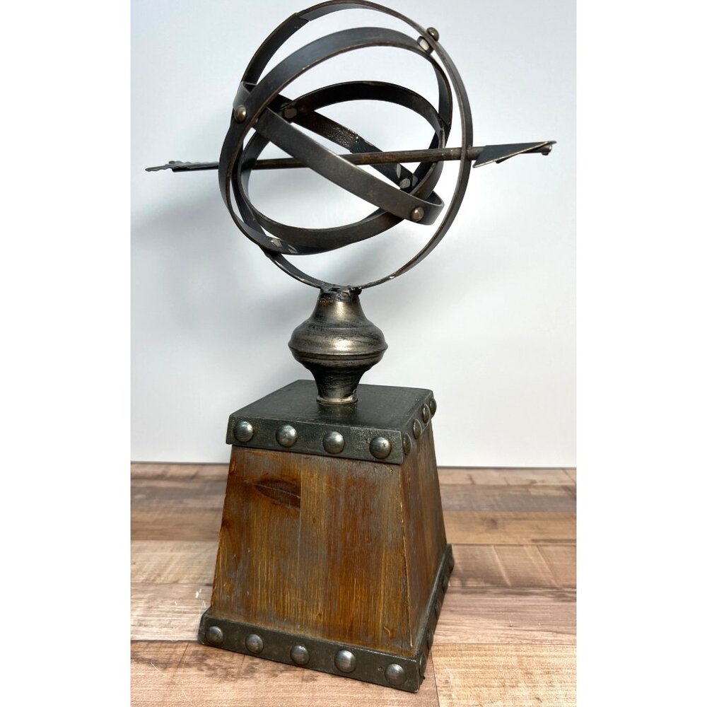 Antique-Style Black Metal Armillary on Wood Base